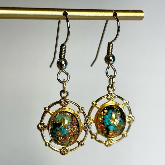 ✨ VTG, Rainbowflake Earrings Pierced Dangles Turquoise Gold Flakes - Picture 11 of 15